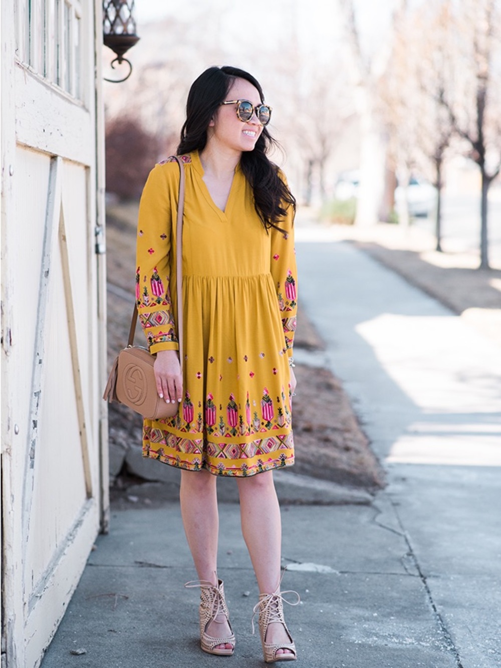 Floreat Anthropologie Gold Embroidered Raella Long Sleeve Mini Dress
